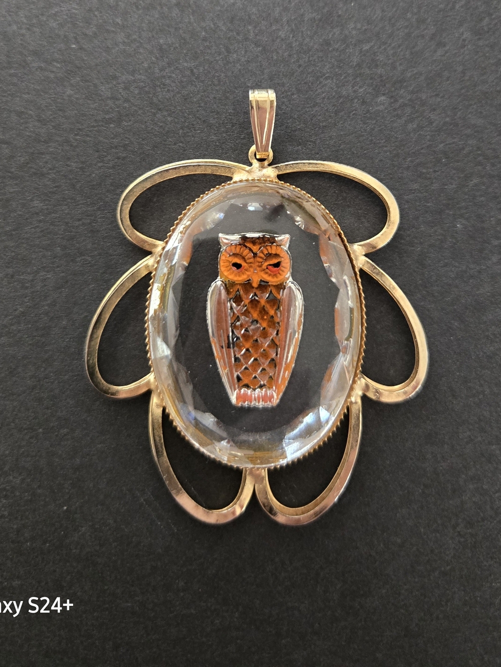 Vintage Lucite Gold-Tone Intaglio Cameo Pendant with Orange Carved Owl